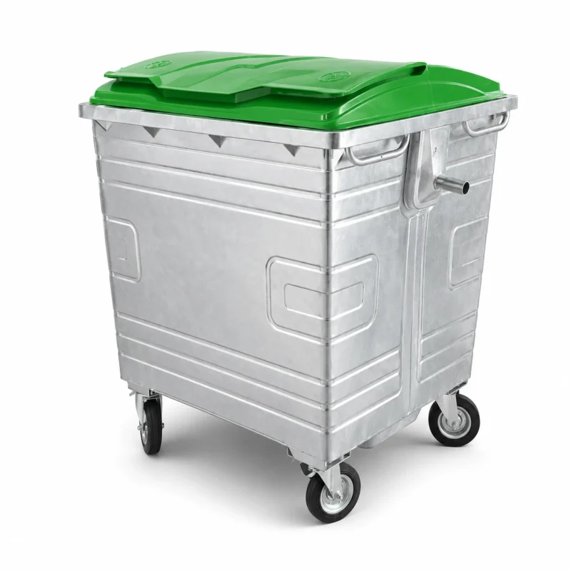 1100L Galvanized Steel Waste Container with Green Lid | KOVANTO 1100L galvanized steel waste container with green plastic lid and four caster wheels shown from a side three-quarter view