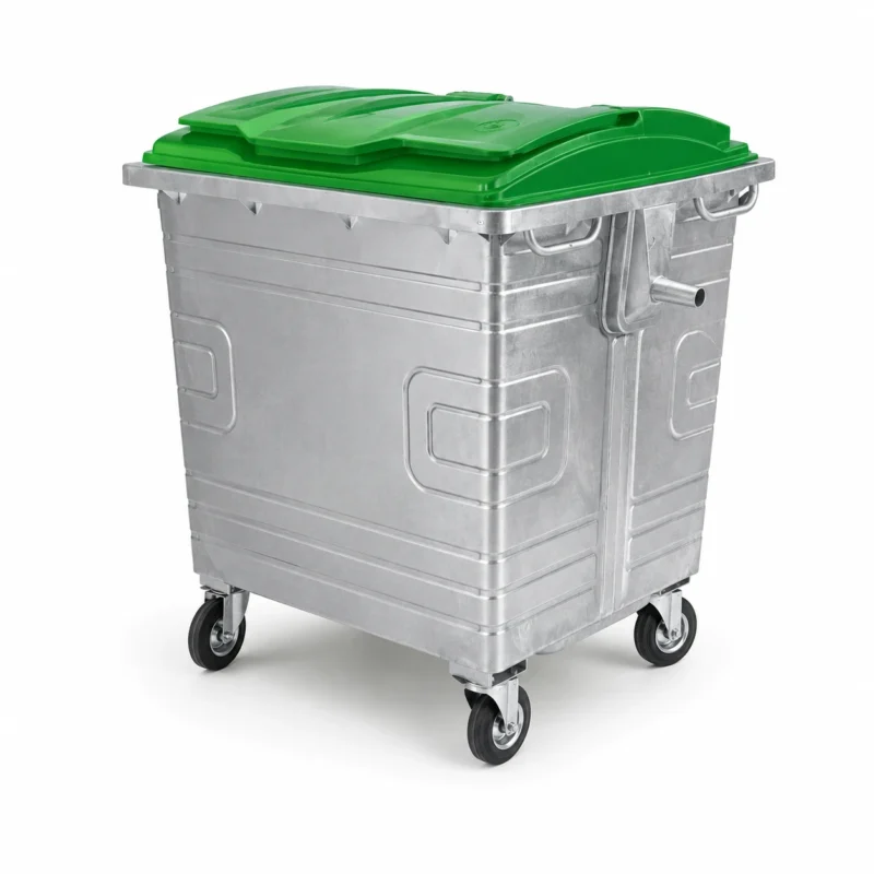 1100L Galvanized Steel Waste Container with Green Lid | KOVANTO 1100L galvanized steel waste container with green plastic lid and four caster wheels shown from a three-quarter front view