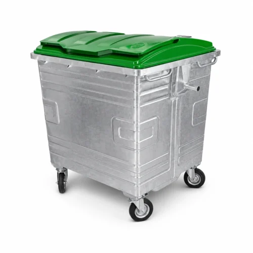 1100L galvanized steel waste container with green plastic lid and four caster wheels
