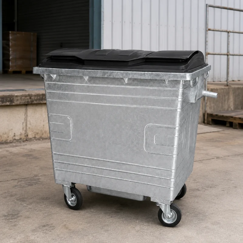 1100L Galvanized Steel Waste Container for Industrial Sites | KOVANTO 1100L galvanized steel waste container with black plastic lid and four caster wheels in an industrial loading area