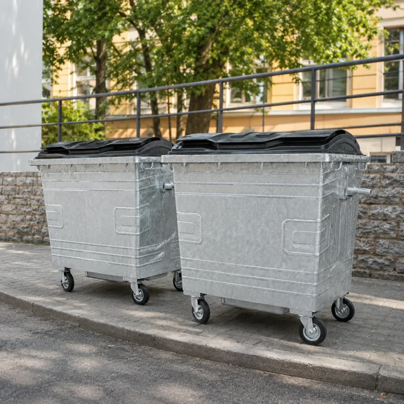 1100L Galvanized Steel Waste Containers Outdoor Application | KOVANTO Two 1100L galvanized steel waste containers with black plastic lids and four caster wheels in an outdoor commercial area