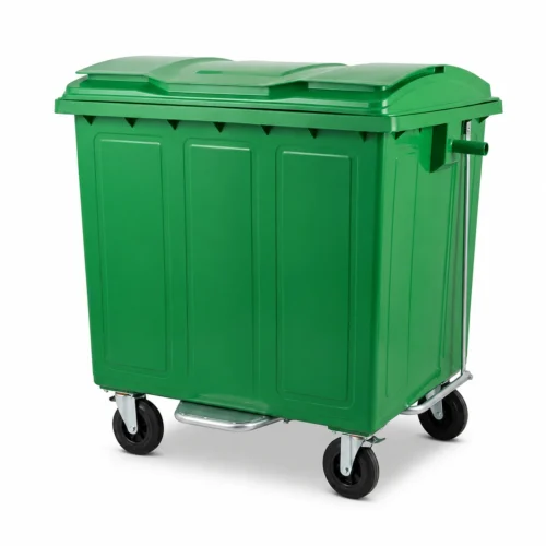 Contenedor de residuos metálico verde de 1100 litros con cuatro ruedas giratorias y sistema de apertura mediante pedal