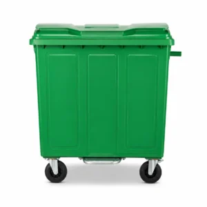 Front view of a 1100L green metal waste container with curved lid, foot pedal and four caster wheels