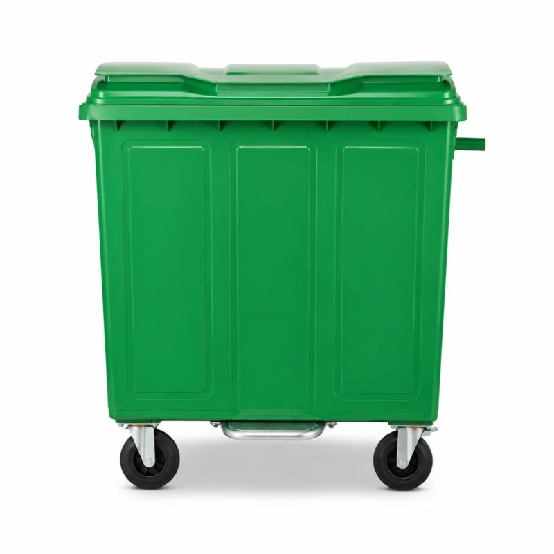 Front view of a 1100L green metal waste container with curved lid, foot pedal and four caster wheels