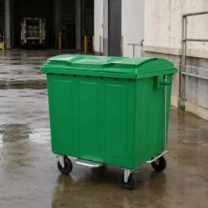 1100L green metal waste container with foot pedal and four caster wheels in an industrial loading area