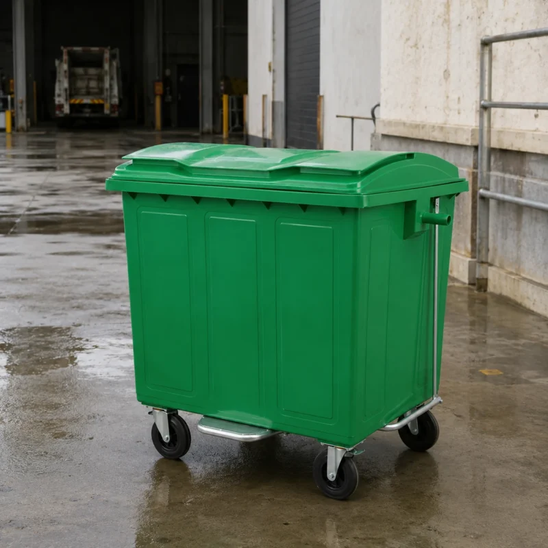 1100L green metal waste container with foot pedal and four caster wheels in an industrial loading area