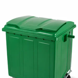 Close-up of curved lid and side linkage system on a 1100L green metal waste container