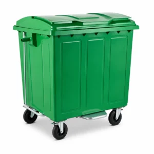Rear three-quarter view of a 1100L green metal waste container with foot pedal system and four caster wheels