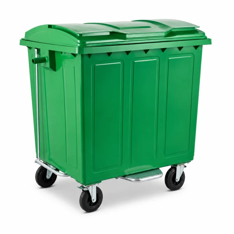 Rear three-quarter view of a 1100L green metal waste container with foot pedal system and four caster wheels