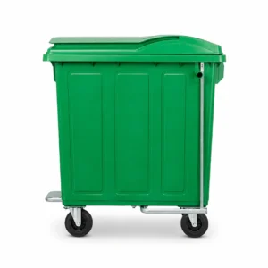 Side view of a 1100L green metal waste container with foot pedal opening system and four caster wheels