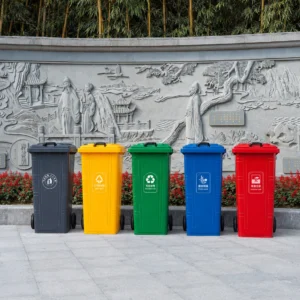 Color-Coded Plastic Recycling Bins for Public Areas | KOVANTO Color-coded plastic recycling bins for general, recyclable, kitchen and hazardous waste in a public area