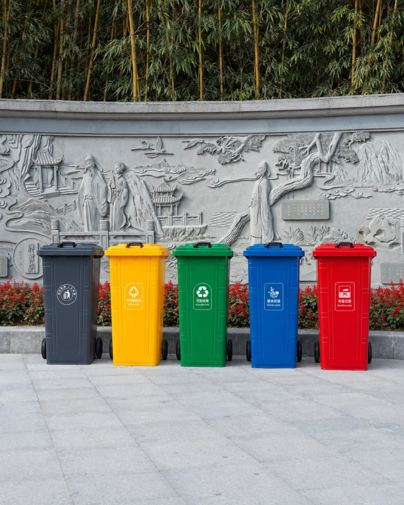 Color-Coded Plastic Recycling Bins for Public Areas | KOVANTO Color-coded plastic recycling bins for general, recyclable, kitchen and hazardous waste in a public area