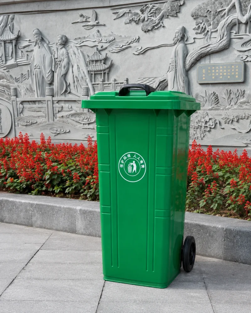 Green two-wheel plastic waste bin installed beside a traditional cultural relief wall Green two-wheel plastic waste bin installed beside a traditional cultural relief wall