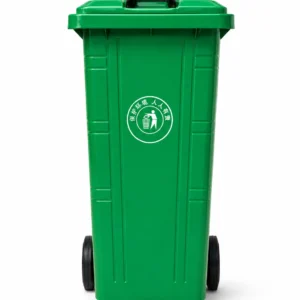 Green Plastic Wheelie Bin Front View | KOVANTO Green two-wheel plastic waste bin with lid and environmental recycling symbol