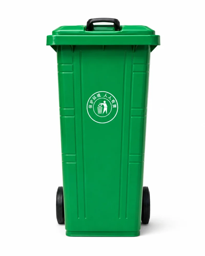 Green Plastic Wheelie Bin Front View | KOVANTO Green two-wheel plastic waste bin with lid and environmental recycling symbol