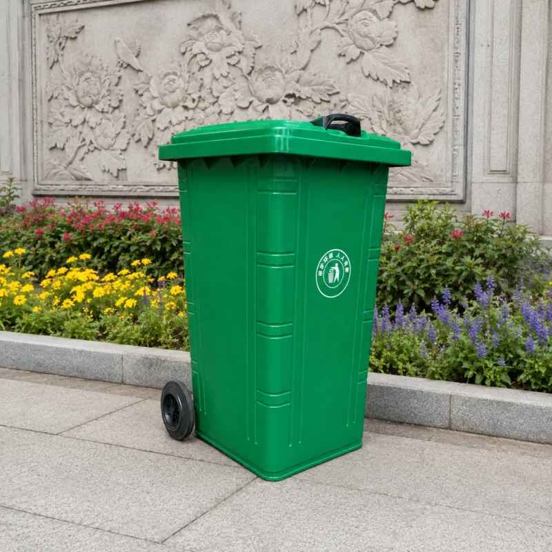 Green Plastic Wheelie Bin for Landscaped Public Areas | KOVANTO Green two-wheel plastic wheelie bin beside a landscaped cultural relief wall