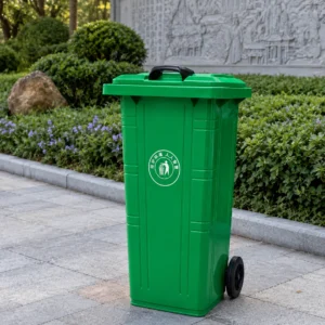 Green Plastic Wheelie Bin for Public Walkways | KOVANTO Green two-wheel plastic wheelie bin on a landscaped public walkway