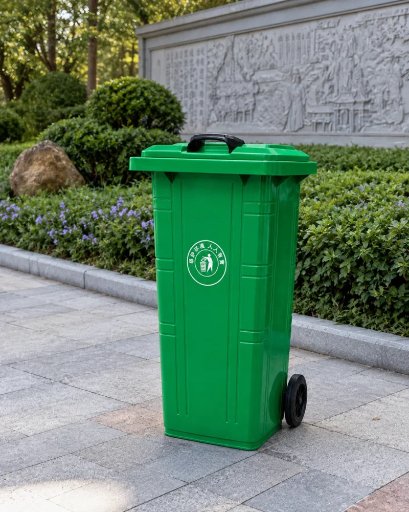 Green Plastic Wheelie Bin for Public Walkways | KOVANTO Green two-wheel plastic wheelie bin on a landscaped public walkway