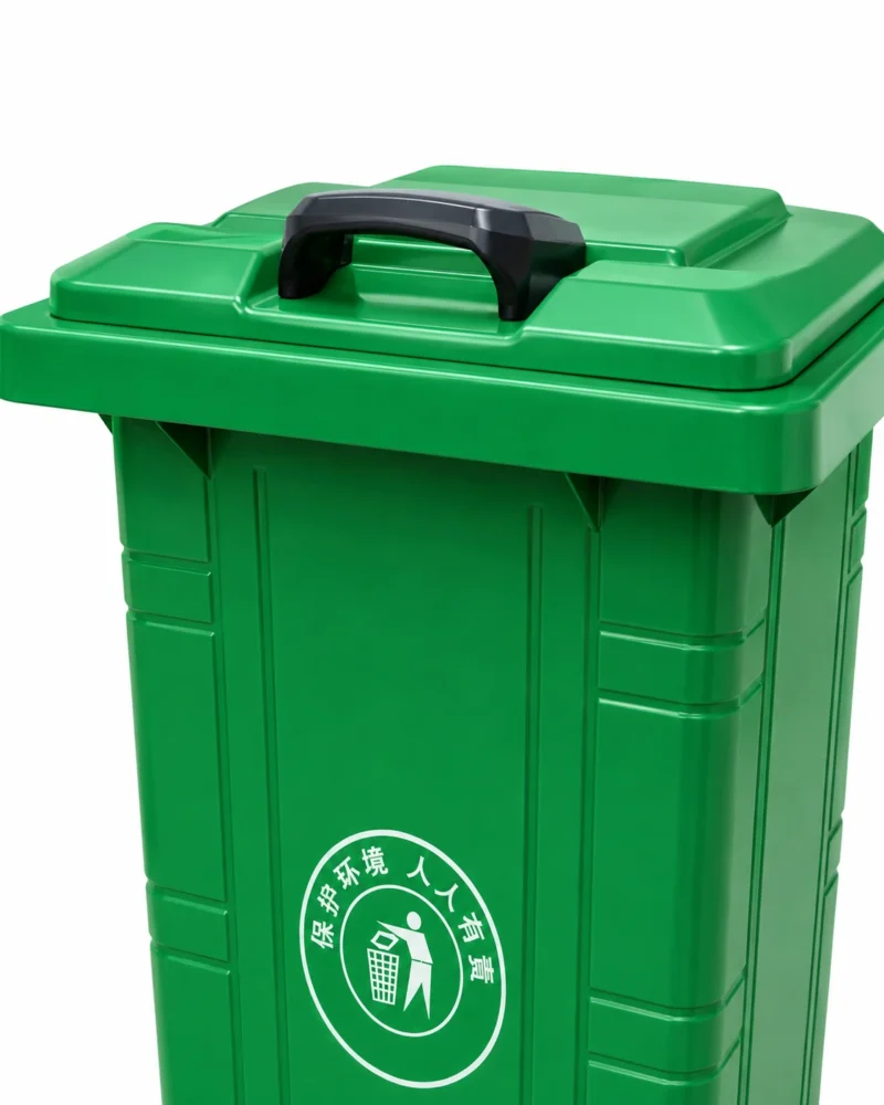 Green Plastic Wheelie Bin Lid and Handle Detail | KOVANTO Close-up of green plastic wheelie bin lid with integrated black handle