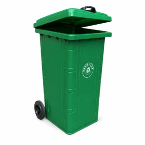 Green Plastic Wheelie Bin with Open Lid | KOVANTO Green two-wheel plastic wheelie bin with open lid shown from a three-quarter view