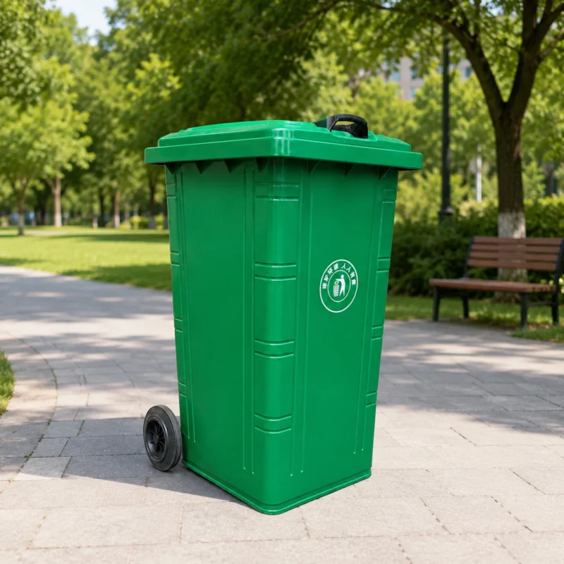 Green Plastic Wheelie Bin for Parks and Public Walkways | KOVANTO Green two-wheel plastic wheelie bin positioned on a landscaped park walkway