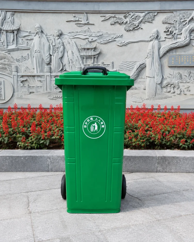 Green Plastic Wheelie Bin in Public Cultural Area | KOVANTO Green two-wheel plastic wheelie bin in a landscaped public cultural area