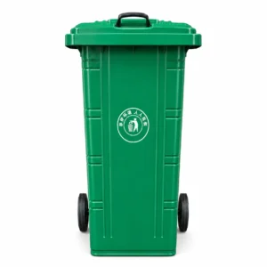 Green Plastic Wheelie Bin Rear View | KOVANTO Green plastic wheelie bin rear view isolated on white background