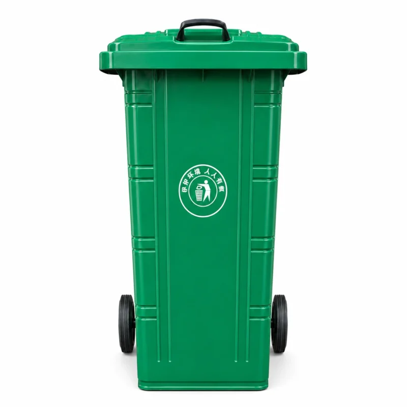 Green Plastic Wheelie Bin Rear View | KOVANTO Green plastic wheelie bin rear view isolated on white background