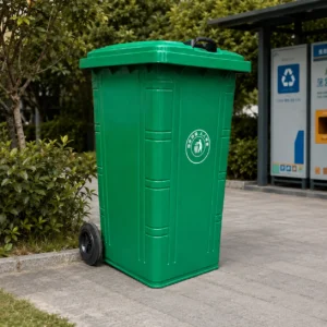 Green Plastic Wheelie Bin Near Recycling Station | KOVANTO Green two-wheel plastic wheelie bin beside a public recycling station