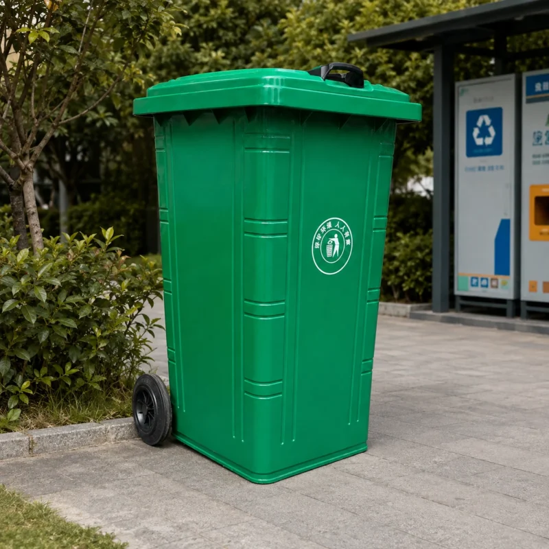 Green Plastic Wheelie Bin Near Recycling Station | KOVANTO Green two-wheel plastic wheelie bin beside a public recycling station