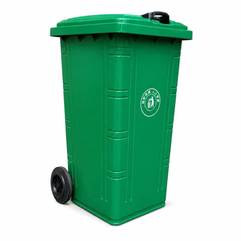 Green Plastic Wheelie Bin Side Three-Quarter View | KOVANTO Green two-wheel plastic wheelie bin shown from a side three-quarter view on a white background