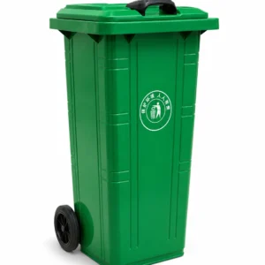 Green Plastic Wheelie Bin Three-Quarter View | KOVANTO Green two-wheel plastic waste bin with lid shown from a three-quarter view