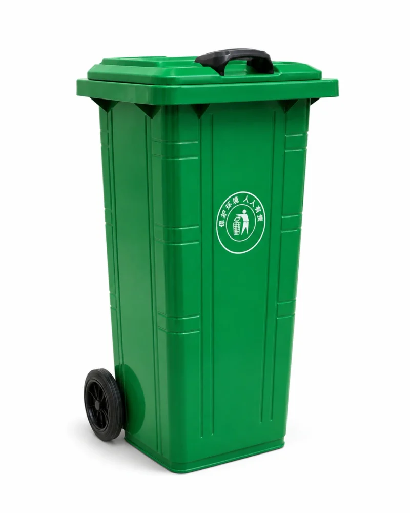 Green Plastic Wheelie Bin Three-Quarter View | KOVANTO Green two-wheel plastic waste bin with lid shown from a three-quarter view