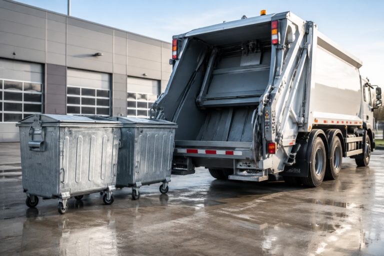 Galvanized waste containers beside a rear-loading collection vehicle