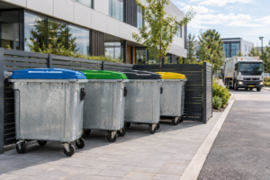 Wheeled steel waste containers at a tidy commercial collection point
