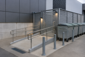 Accessible waste container area with ramp gate and bollard protection