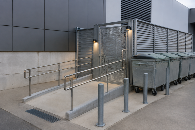 Accessible waste container area with ramp gate and bollard protection