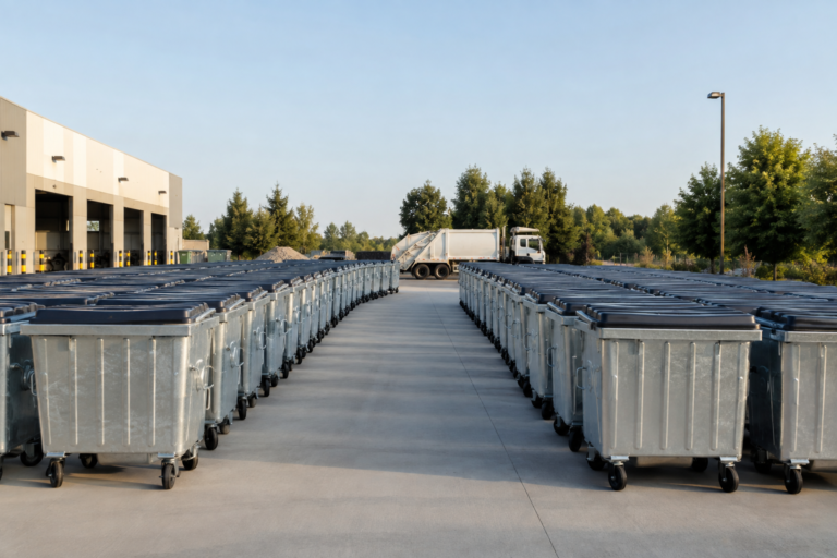 Uniform galvanized waste container fleet at a collection depot