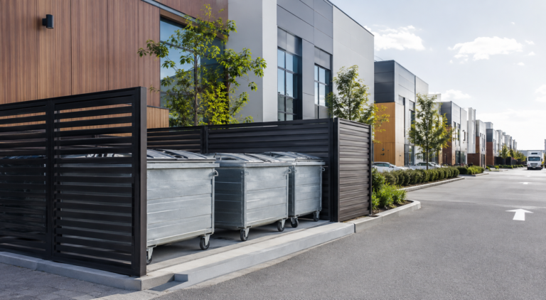 Galvanized waste containers at an orderly commercial business park service area