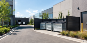 Galvanized waste containers at an office and retail service area