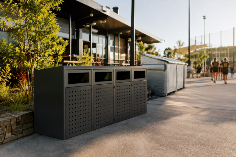 Outdoor waste bins at a modern community sports and visitor facility