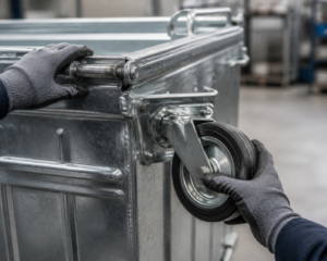 Maintenance inspection of a galvanized waste container wheel and lid hinge