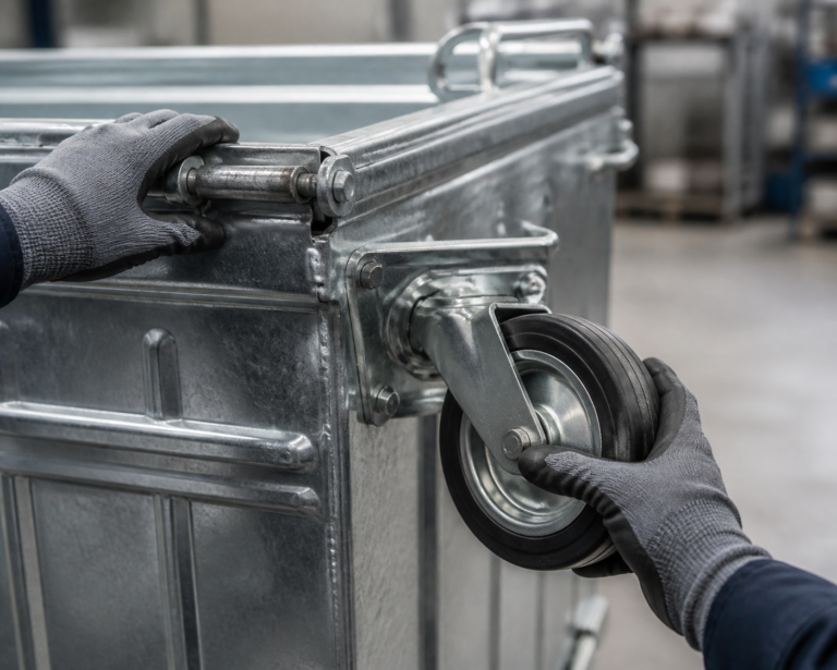 Maintenance inspection of a galvanized waste container wheel and lid hinge
