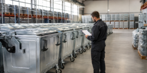 Distributor checking a warehouse stock of galvanized waste containers