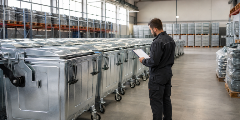 Distributor checking a warehouse stock of galvanized waste containers
