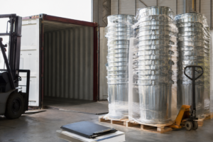 Galvanized waste containers prepared for international delivery