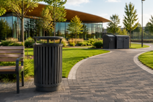 Outdoor waste bin at a modern public leisure facility