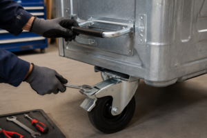 Maintenance check of a waste container handle and wheel brake