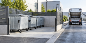Galvanized waste containers at a commercial collection point with refuse vehicle