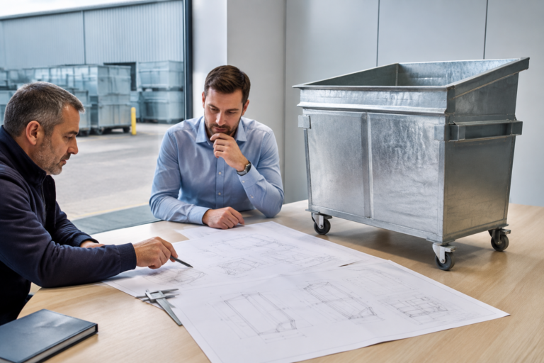 Technical drawing review for a galvanized steel waste container